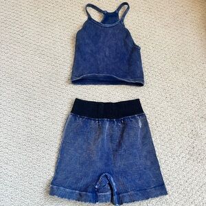 Free People Good Karma Blue Ribbed Tank and Shorts Set